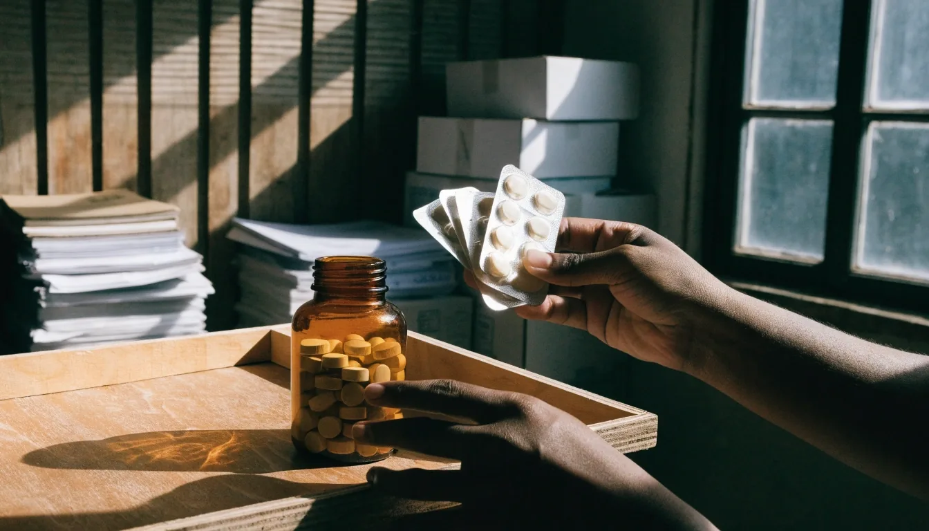 Three stacked plywood shelf trays with capsule blisters and one amber-glass bottle turned away under a hard diagonal light
