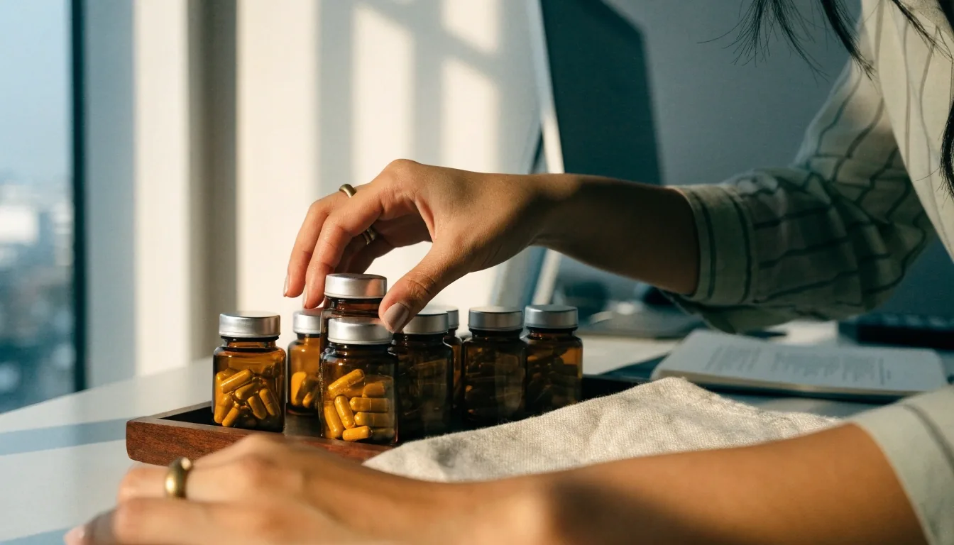 A plain wooden editorial counter with a folded cloth and closed amber-glass bottles in morning shutter light