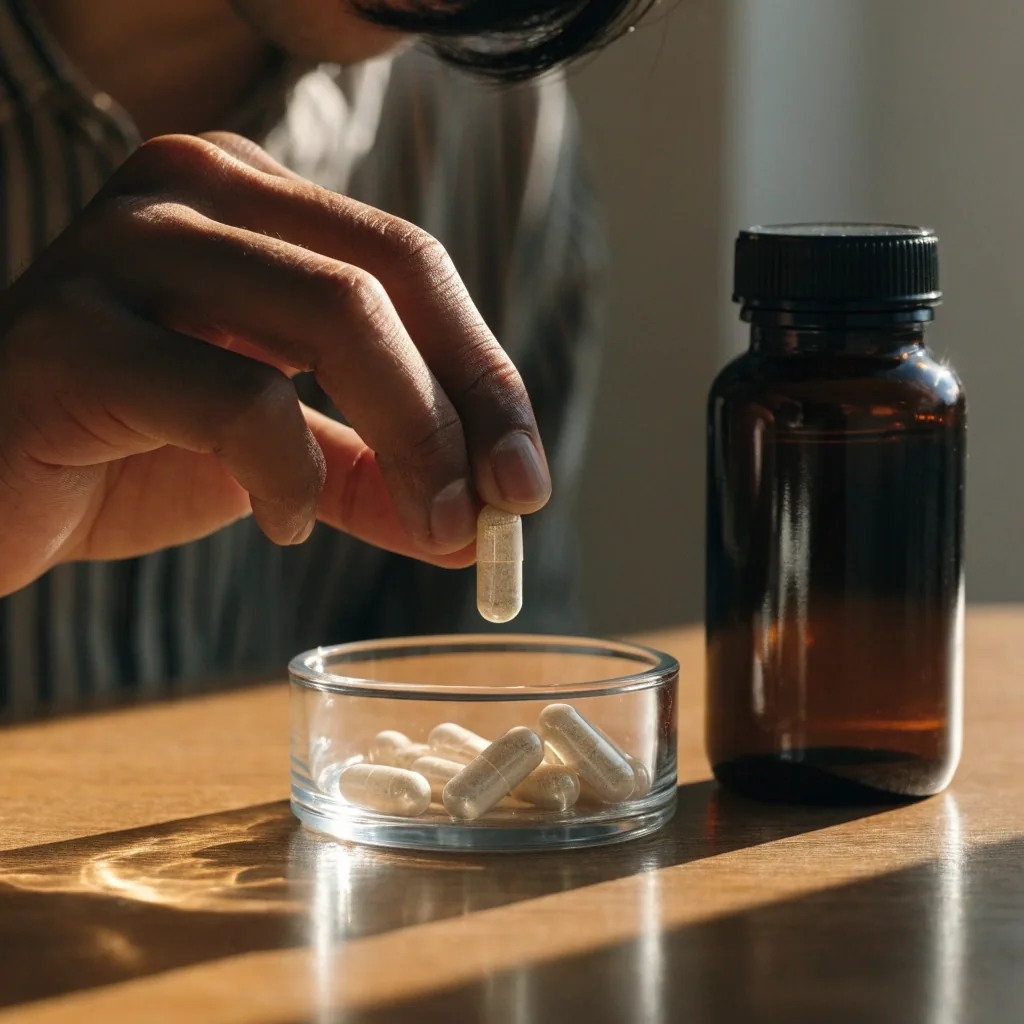An amber-glass bottle turned away beside single-ingredient capsules on an open plywood shelf under a diagonal light band