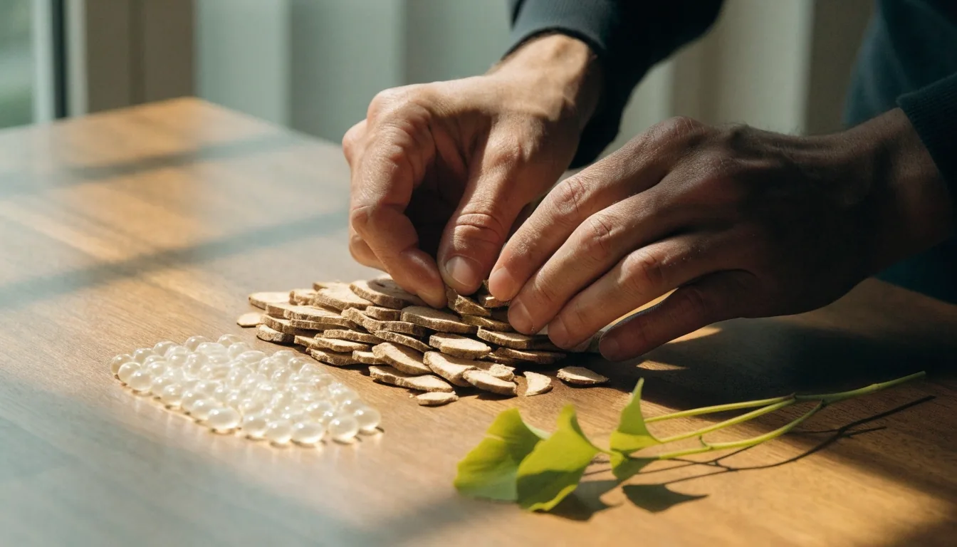 Botanical plant parts and unlabeled clear capsules resting on a plywood surface under one hard light band