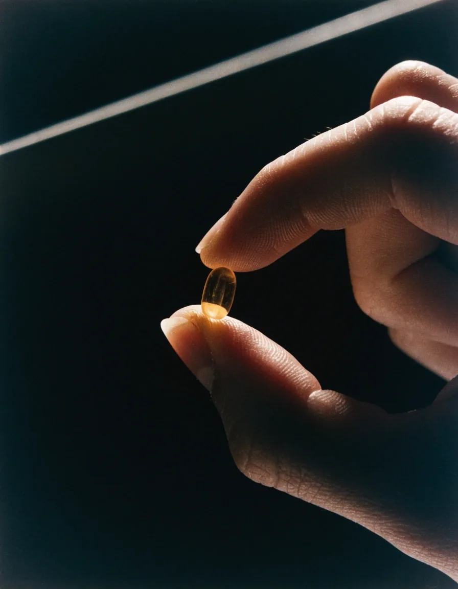 A translucent capsule shell held between two fingertips, backlit so the shell glows warm amber