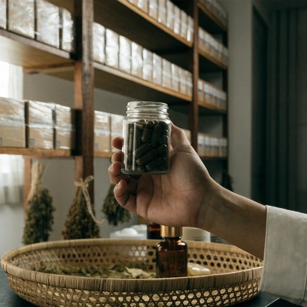 Stacked plywood shelf trays with unmarked capsule blisters and an amber-glass bottle turned away from the light