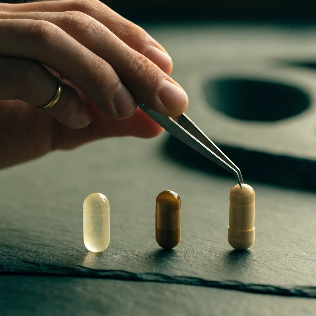 A single unlabeled capsule held between two fingertips, backlit so the shell reads translucent