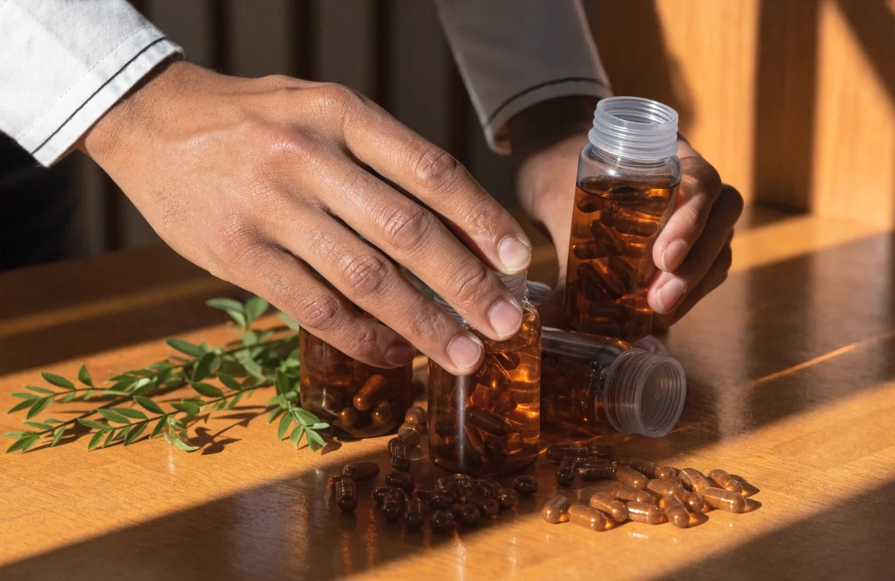 Four unlabeled amber-glass bottles with a sprig on a bare wooden counter under a hard diagonal light band