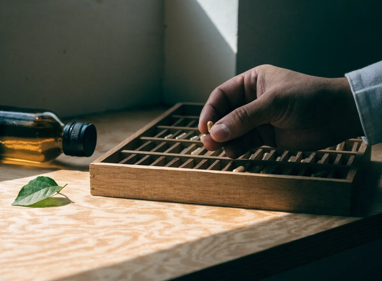 A hand resting on a plywood worktop beside an unlabeled organizer tray of capsules and a fresh leaf in side light