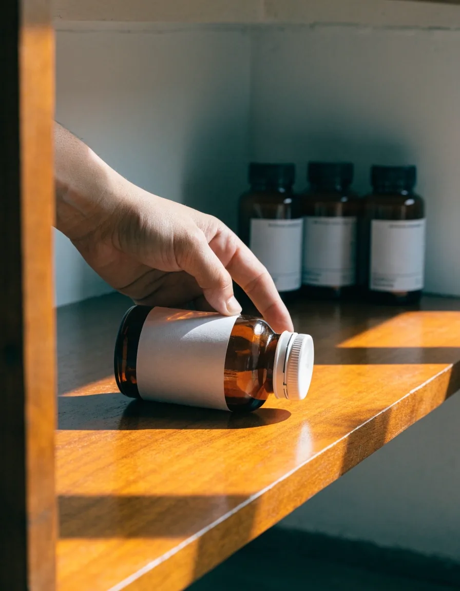 Three unlabeled amber glass bottles on a wooden shelf with all labels turned away, lit by a diagonal noon light band