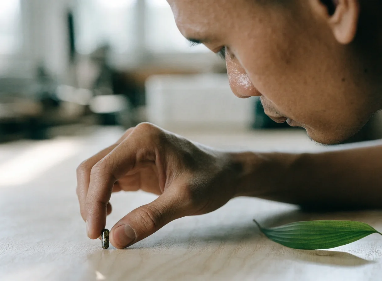 A single capsule held between fingertips at macro distance, backlit over a plywood work surface with a botanical leaf out of focus